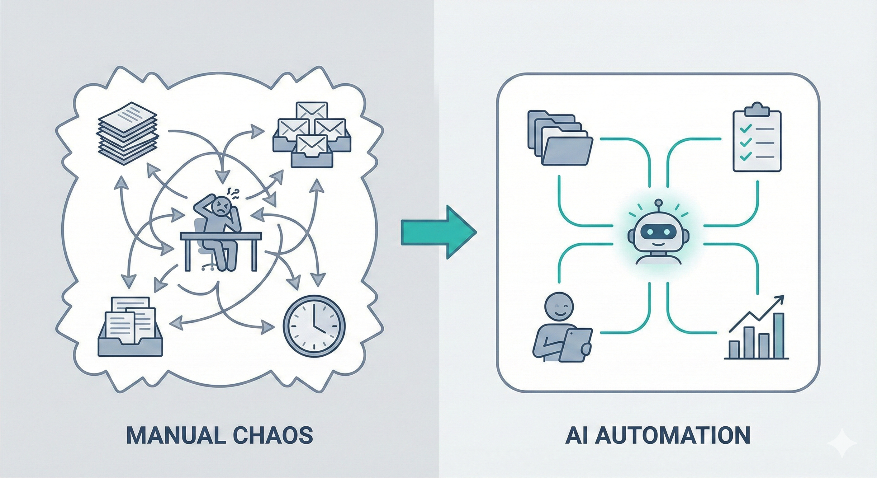 Diagram showing manual chaos versus organized AI automation